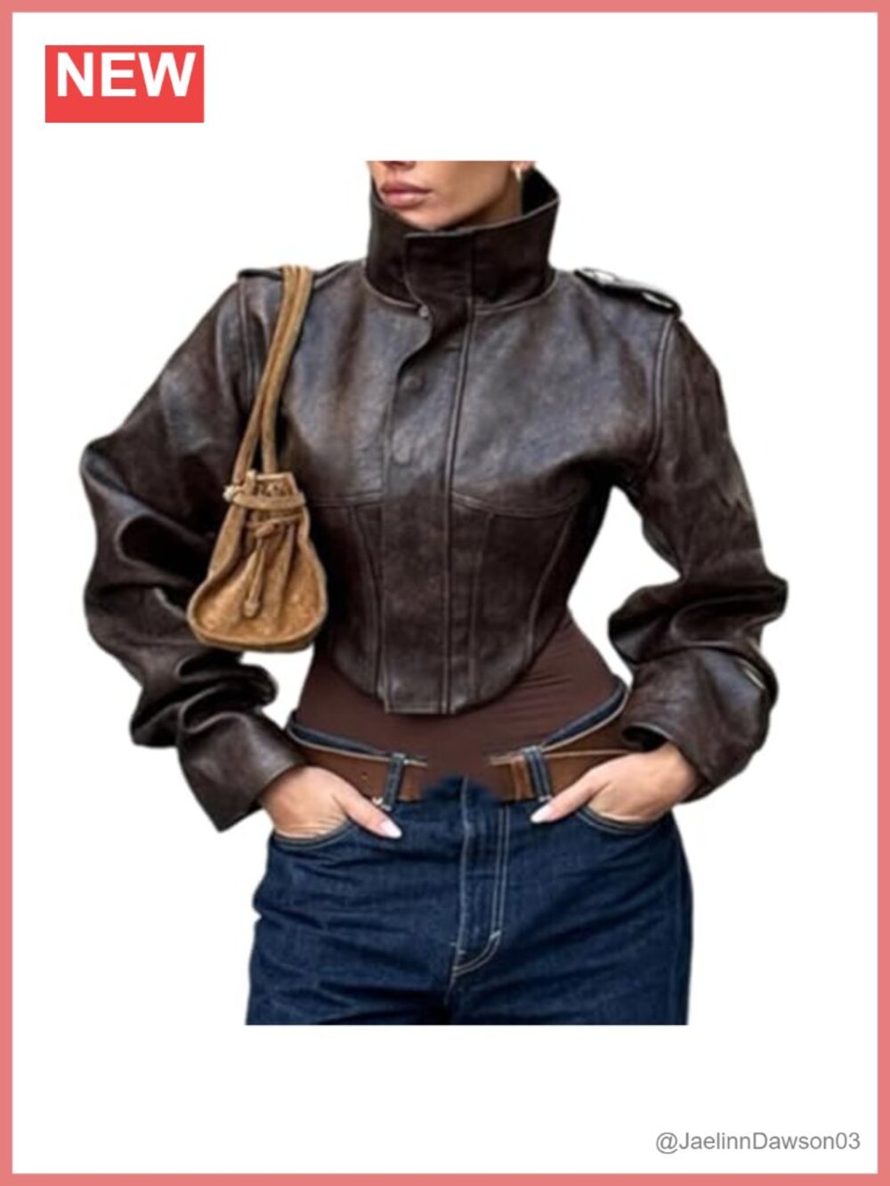 Wuitrie Faux Leather Cropped Jacket High Neck Long Sleeve Casual Streetwear